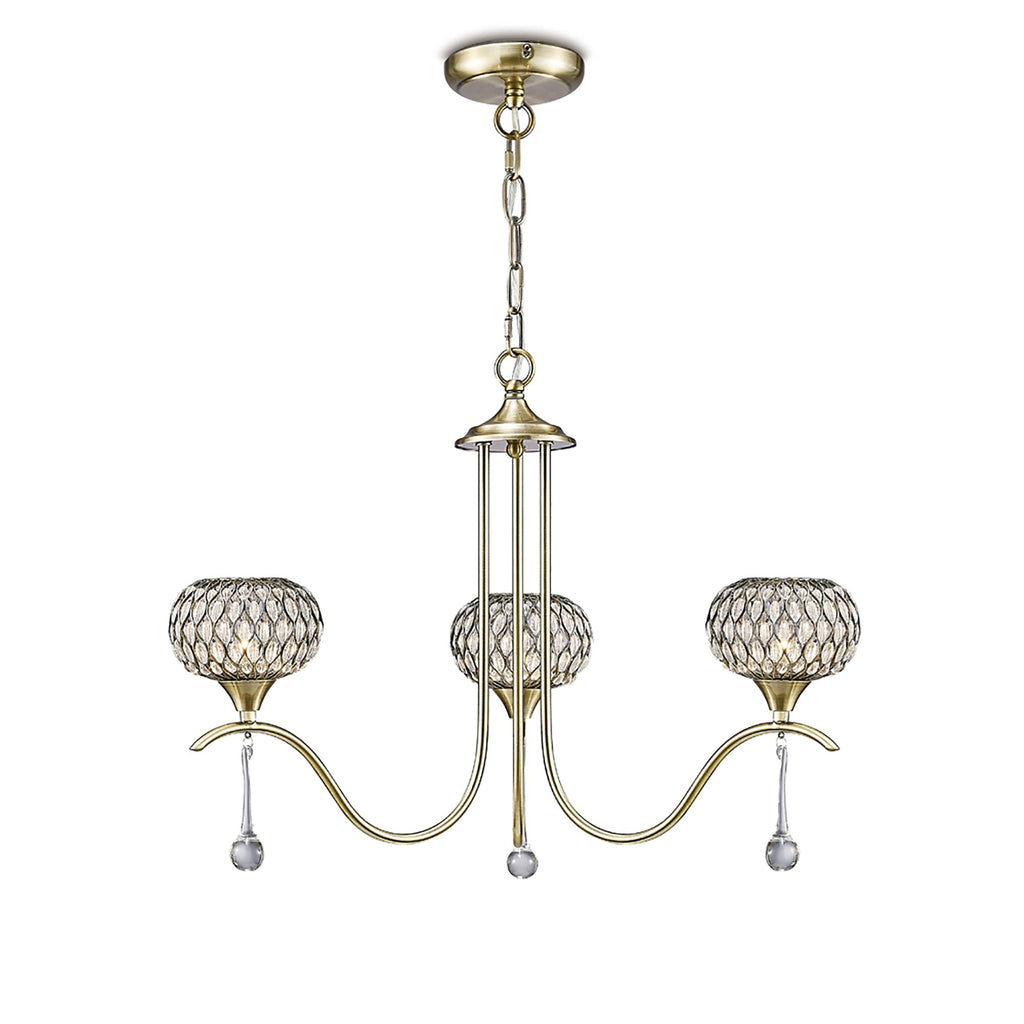 Diyas - Chelsie 3 Light Antique Brass and Crystal Pendant with G9 lamp holders (Diyas IL31513) - Luminosity Designs Ltd