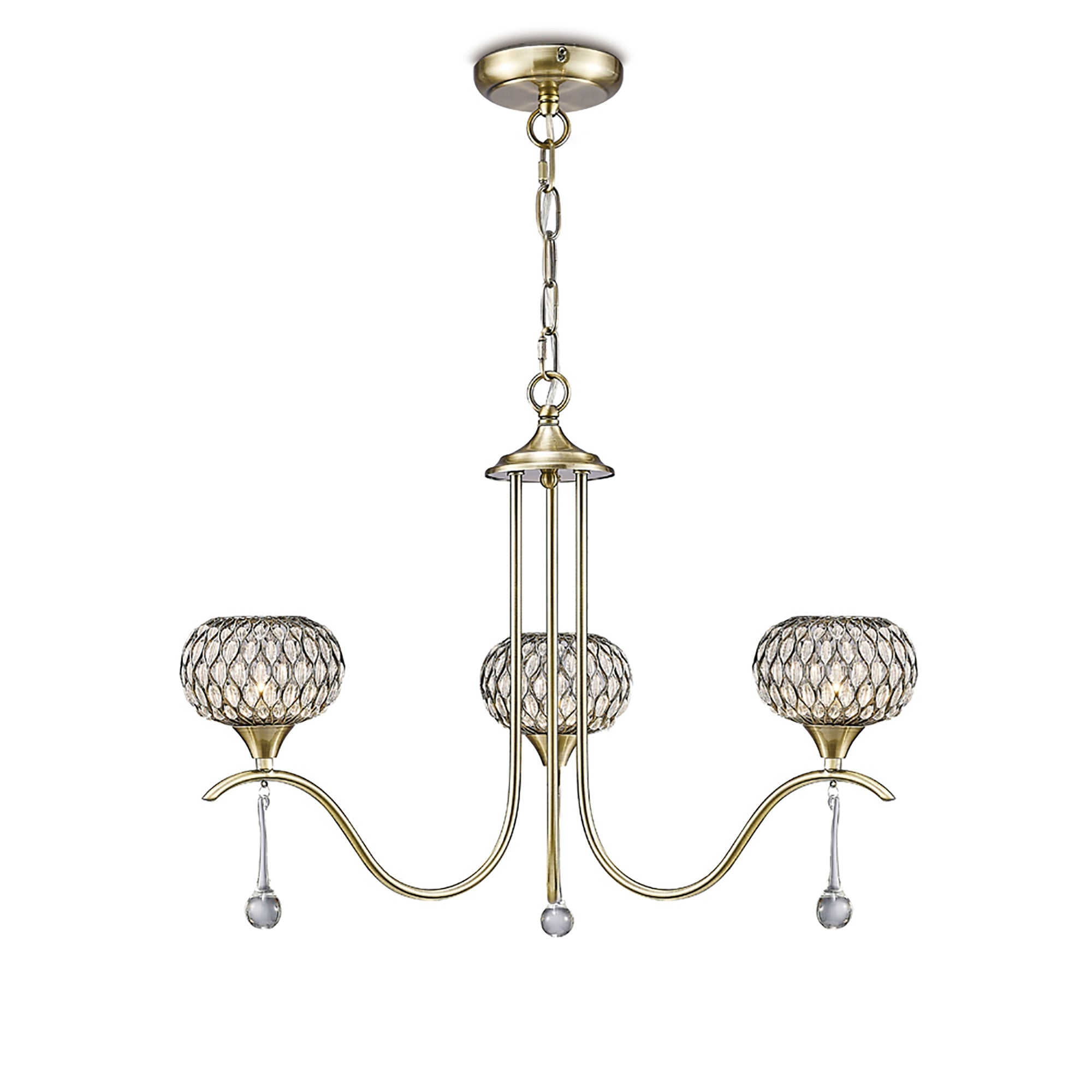 Diyas - Chelsie 3 Light Antique Brass and Crystal Pendant with G9 lamp holders (Diyas IL31513) - Luminosity Designs Ltd