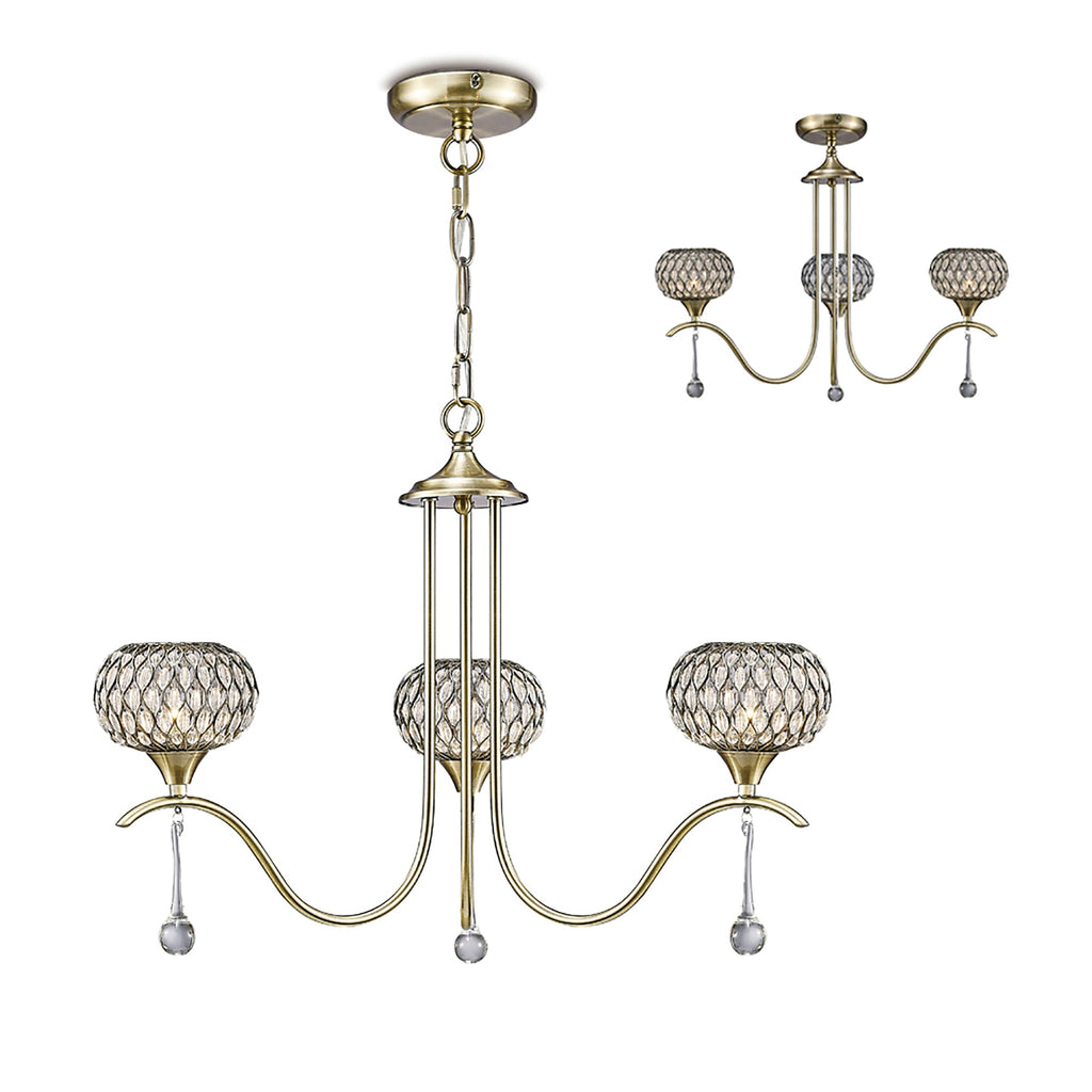 Diyas - Chelsie 3 Light Antique Brass and Crystal Pendant with G9 lamp holders (Diyas IL31513) - Luminosity Designs Ltd