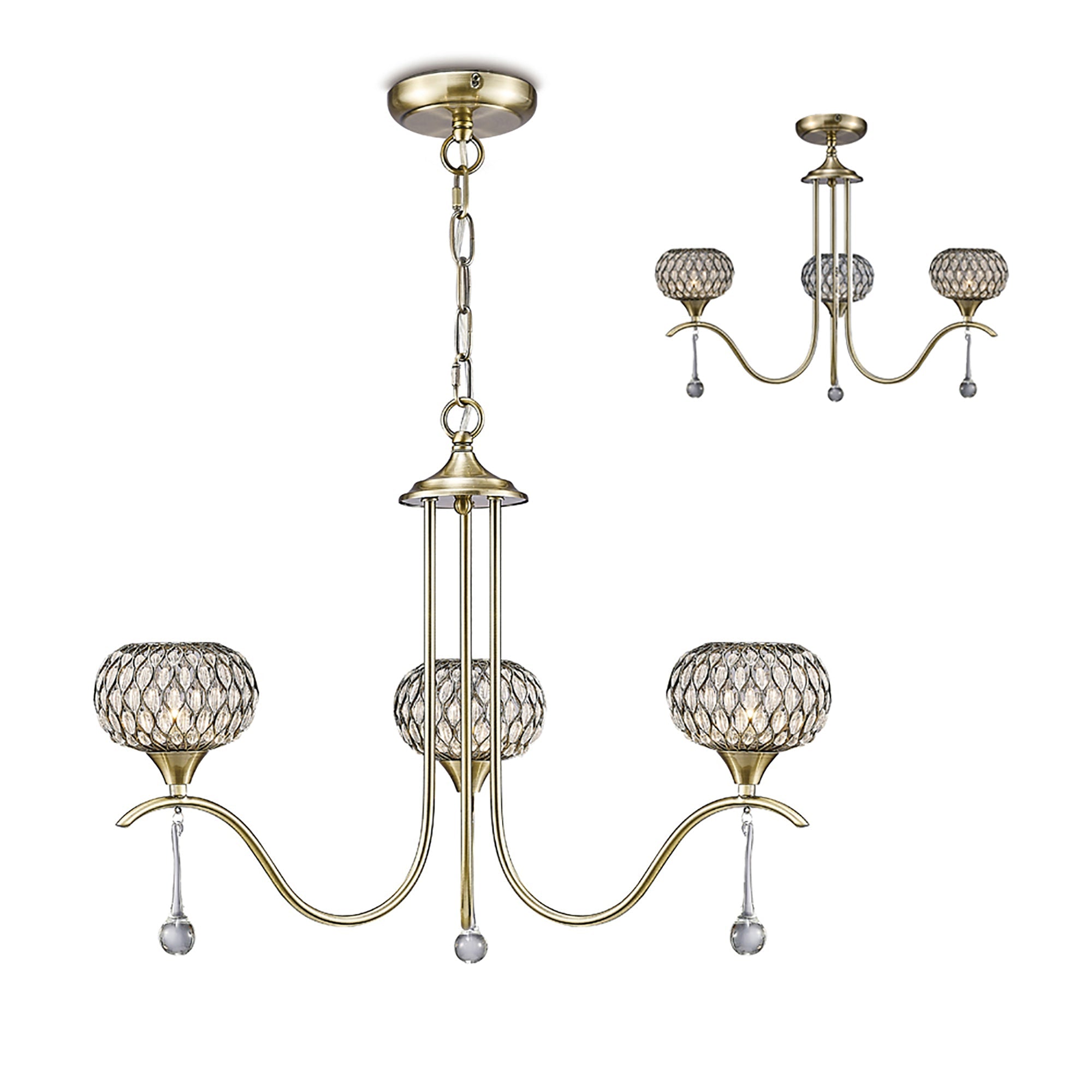 Diyas - Chelsie 3 Light Antique Brass and Crystal Pendant with G9 lamp holders (Diyas IL31513) - Luminosity Designs Ltd