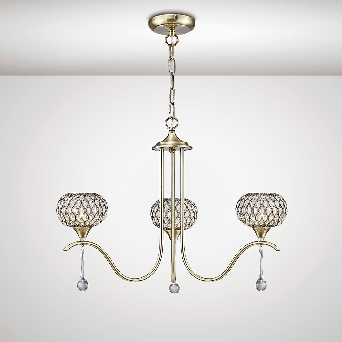 Chelsie 3 Light Antique Brass and Crystal Pendant with G9 lamp holders (Diyas IL31513)