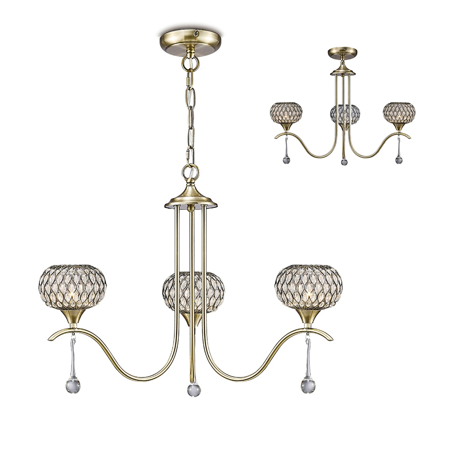 Chelsie 3 Light Antique Brass and Crystal Pendant with G9 lamp holders (Diyas IL31513)