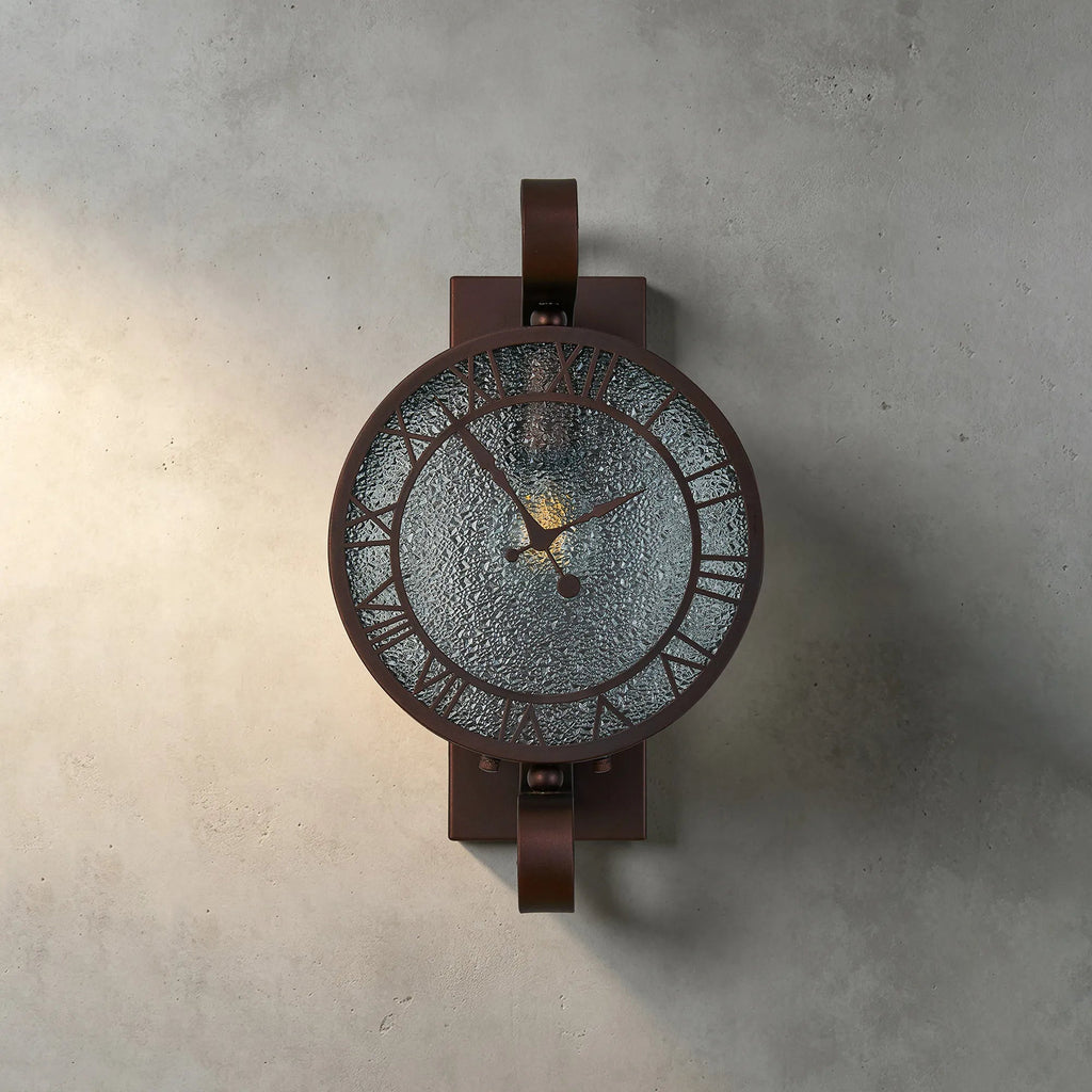 Luminosity Designs Ltd - Chronos Faux Clock Wall Lamp, 1 x E27, IP54, Oil Rubbed Brass/Textured Glass - Luminosity Designs Ltd