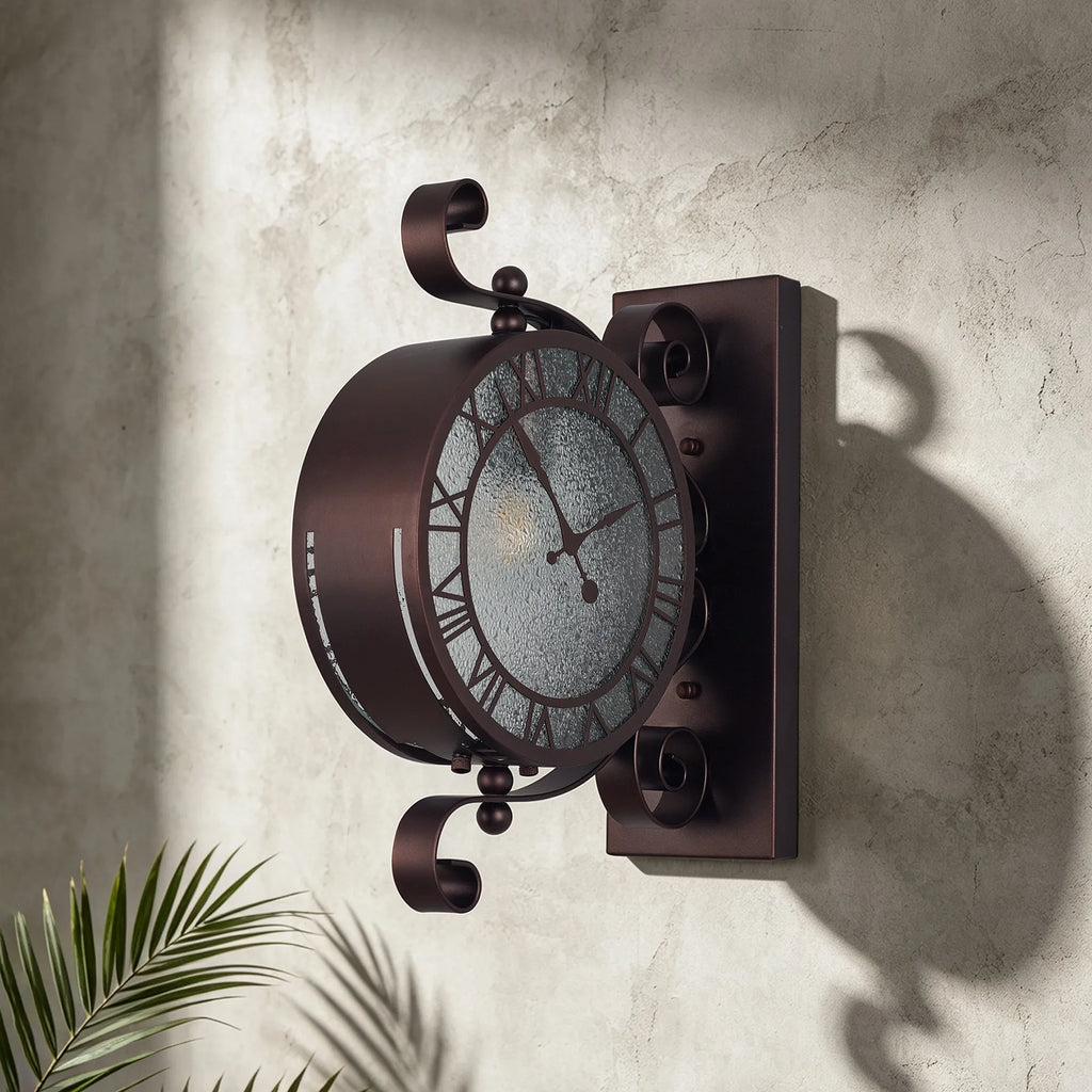 Chronos Faux Clock Wall Lamp, 1 x E27, IP54, Oil Rubbed Brass/Textured Glass