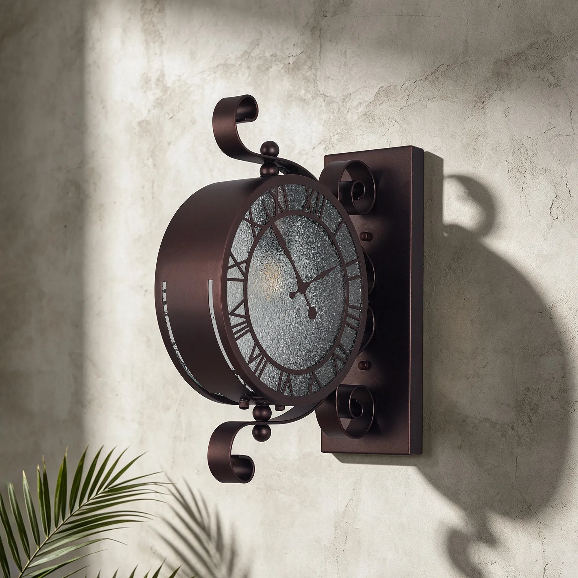 Chronos Faux Clock Wall Lamp, 1 x E27, IP54, Oil Rubbed Brass/Textured Glass