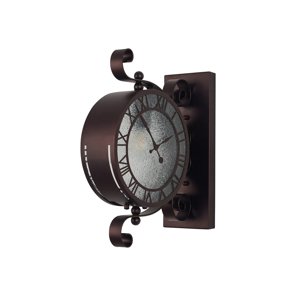 Chronos Faux Clock Wall Lamp, 1 x E27, IP54, Oil Rubbed Brass/Textured Glass