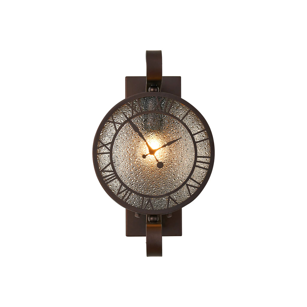 Chronos Faux Clock Wall Lamp, 1 x E27, IP54, Oil Rubbed Brass/Textured Glass