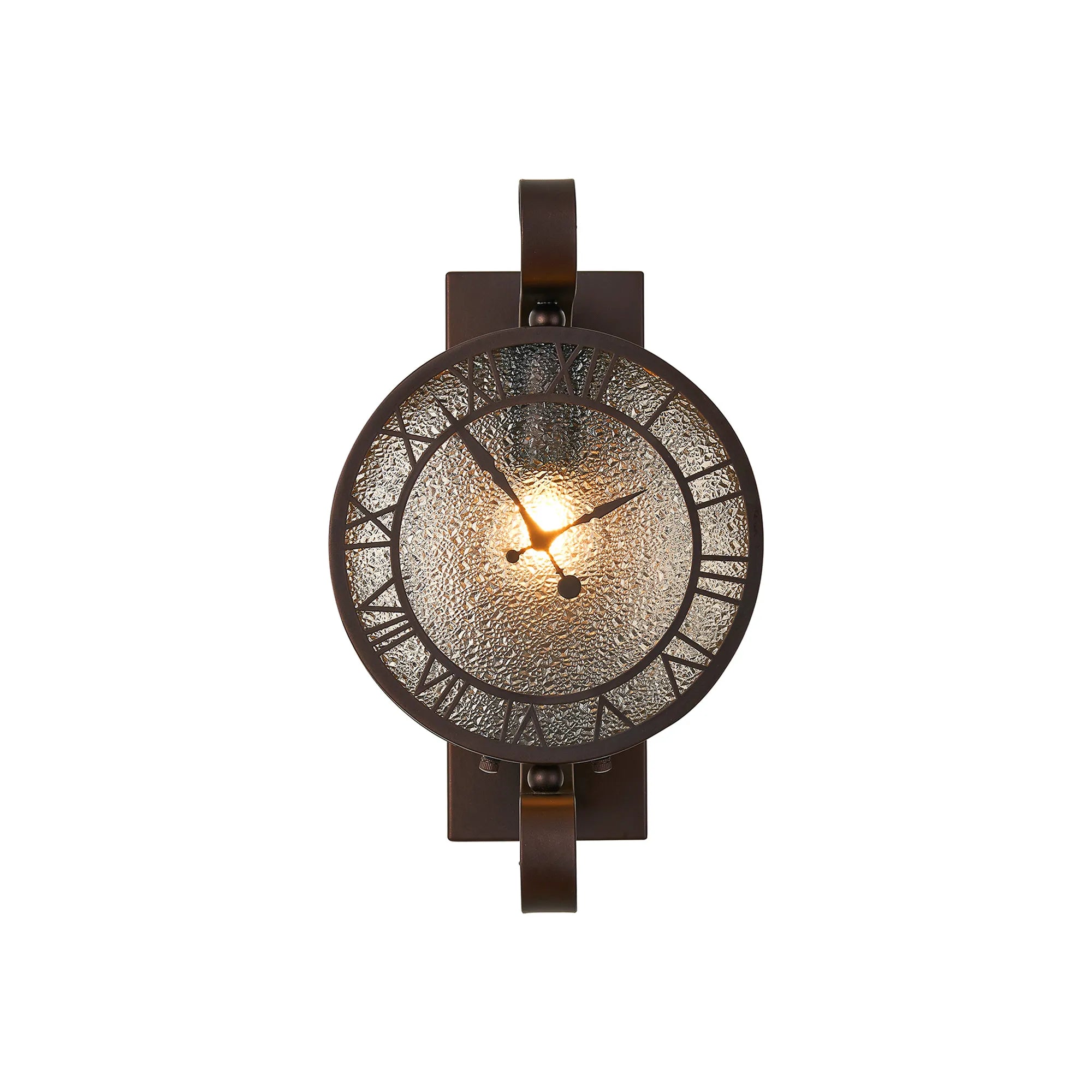Chronos Faux Clock Wall Lamp, 1 x E27, IP54, Oil Rubbed Brass/Textured Glass