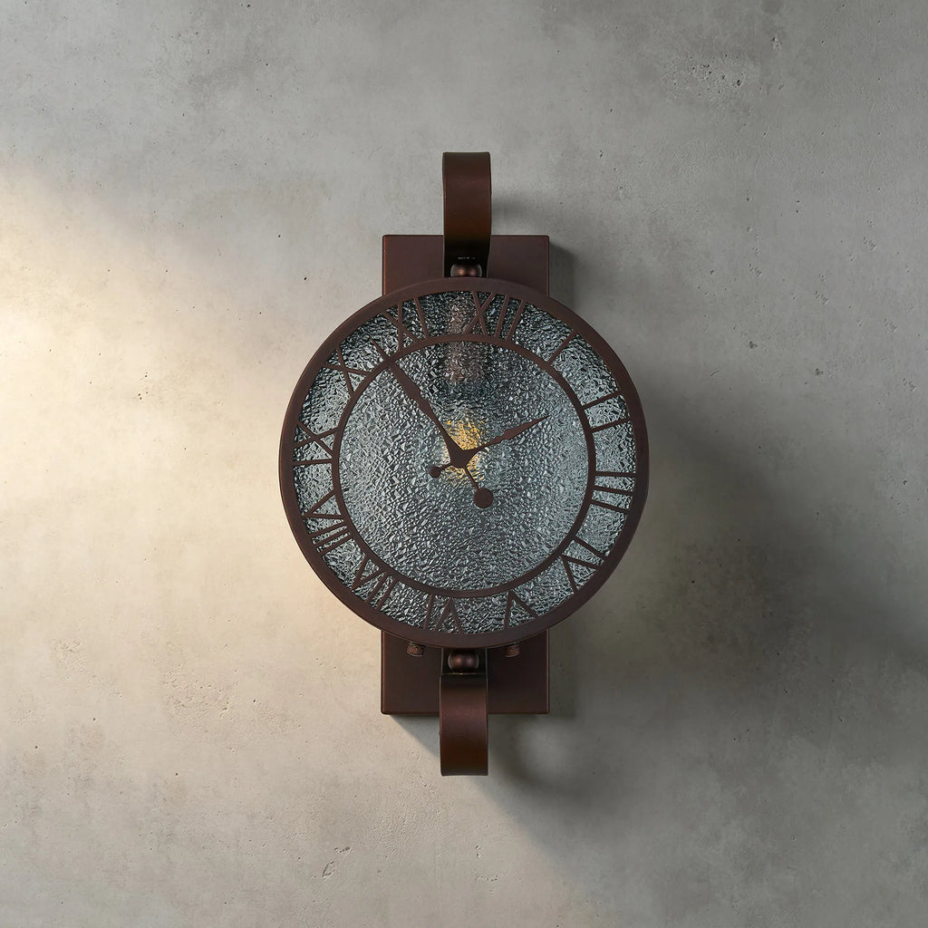 Chronos Faux Clock Wall Lamp, 1 x E27, IP54, Oil Rubbed Brass/Textured Glass