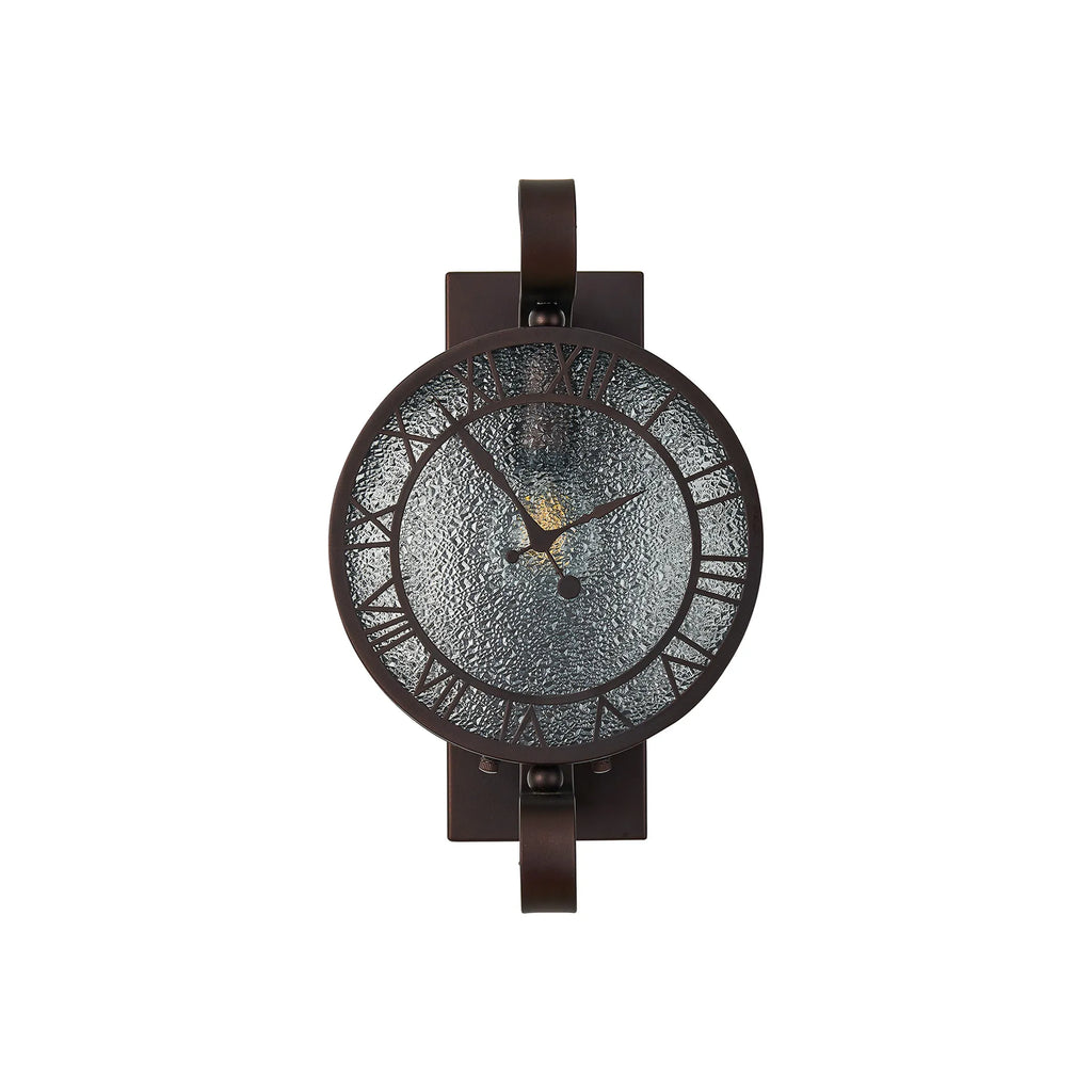 Chronos Faux Clock Wall Lamp, 1 x E27, IP54, Oil Rubbed Brass/Textured Glass