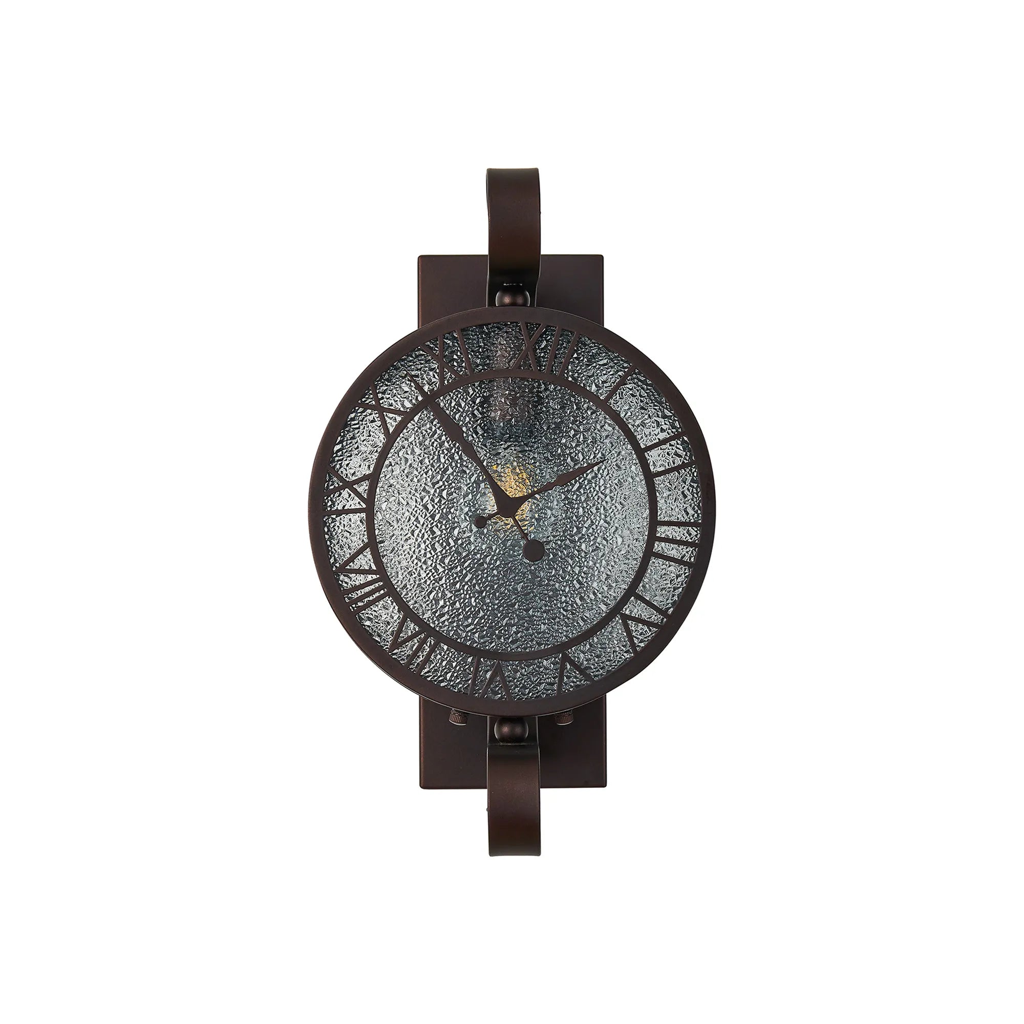 Chronos Faux Clock Wall Lamp, 1 x E27, IP54, Oil Rubbed Brass/Textured Glass