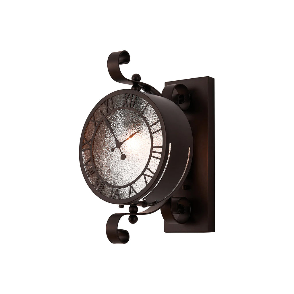 Chronos Faux Clock Wall Lamp, 1 x E27, IP54, Oil Rubbed Brass/Textured Glass