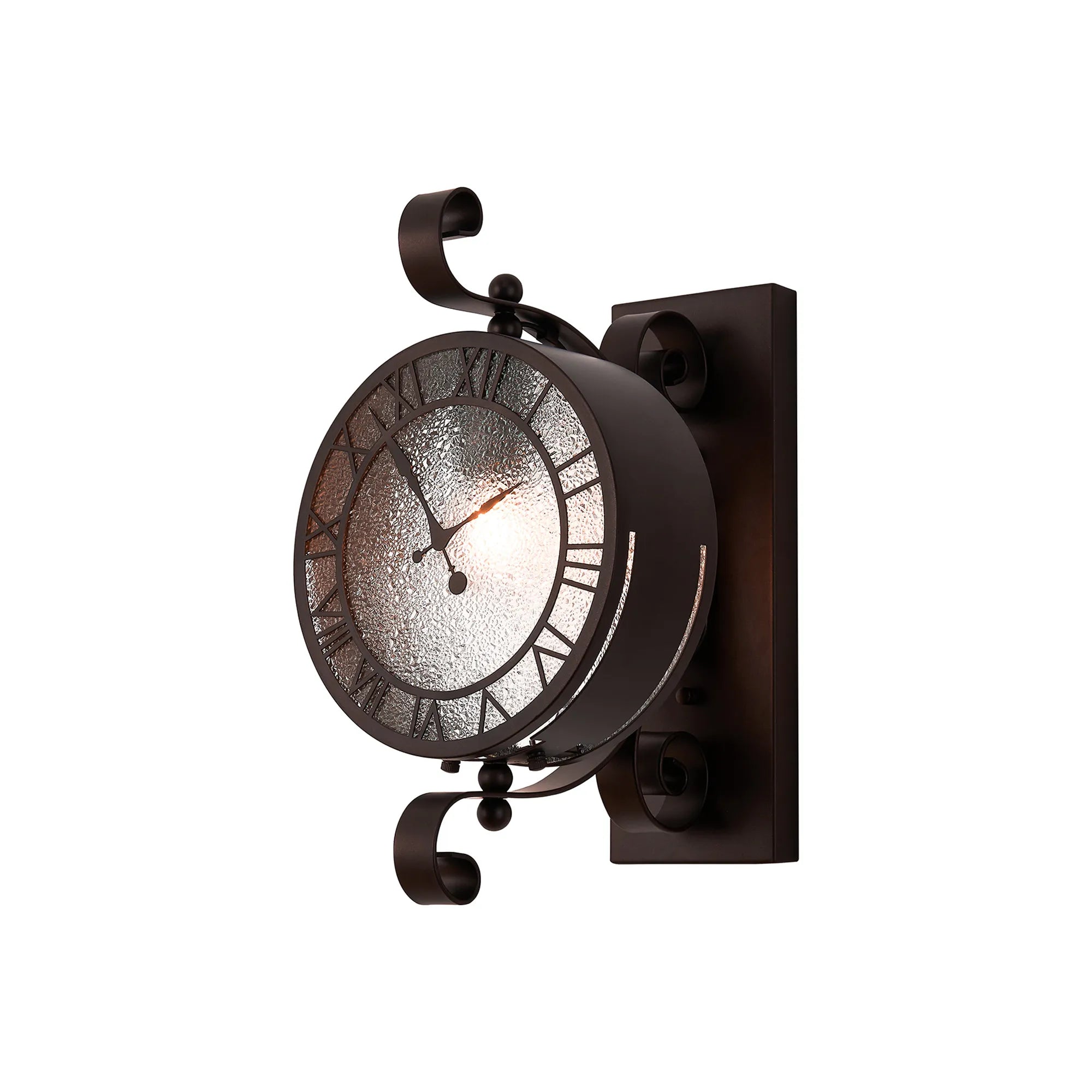 Chronos Faux Clock Wall Lamp, 1 x E27, IP54, Oil Rubbed Brass/Textured Glass