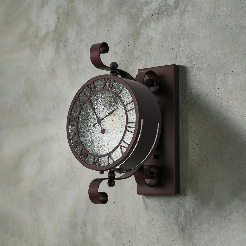 Chronos Faux Clock Wall Lamp, 1 x E27, IP54, Oil Rubbed Brass/Textured Glass