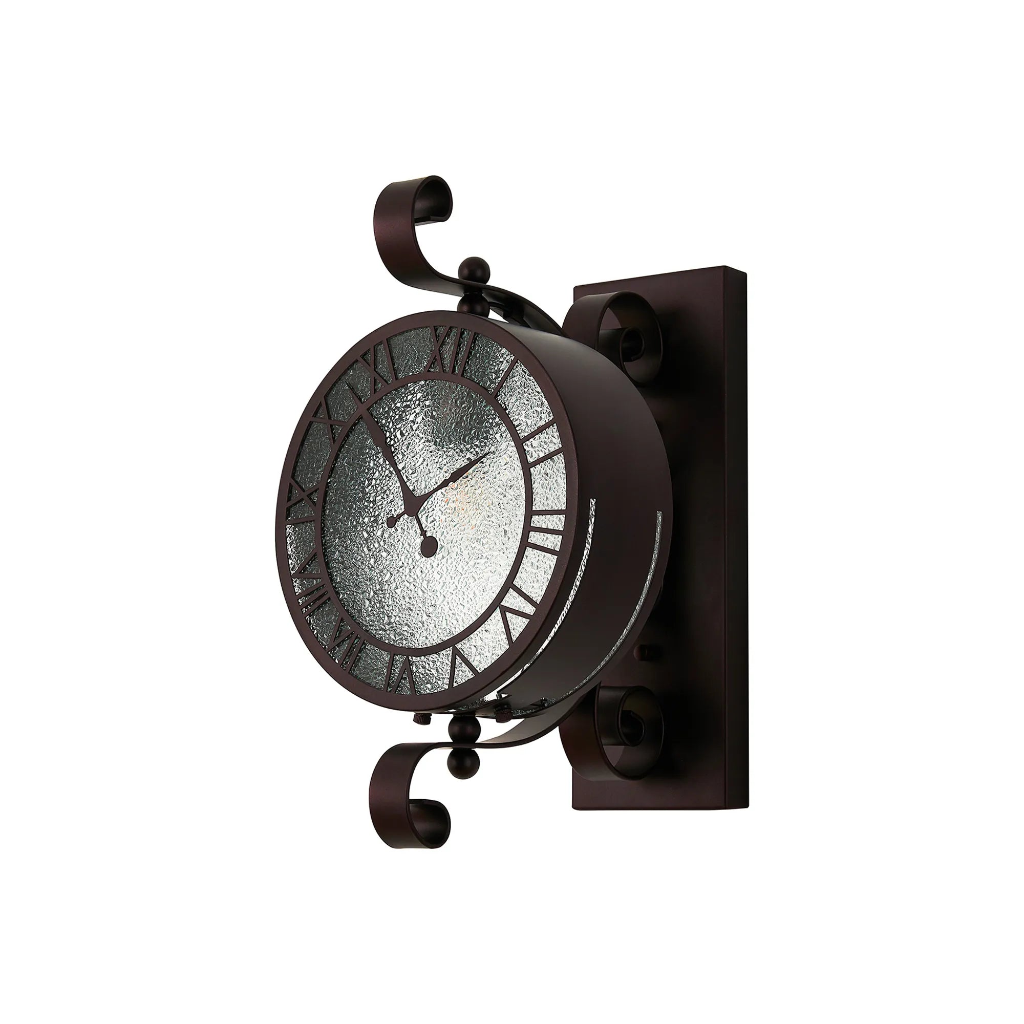 Chronos Faux Clock Wall Lamp, 1 x E27, IP54, Oil Rubbed Brass/Textured Glass