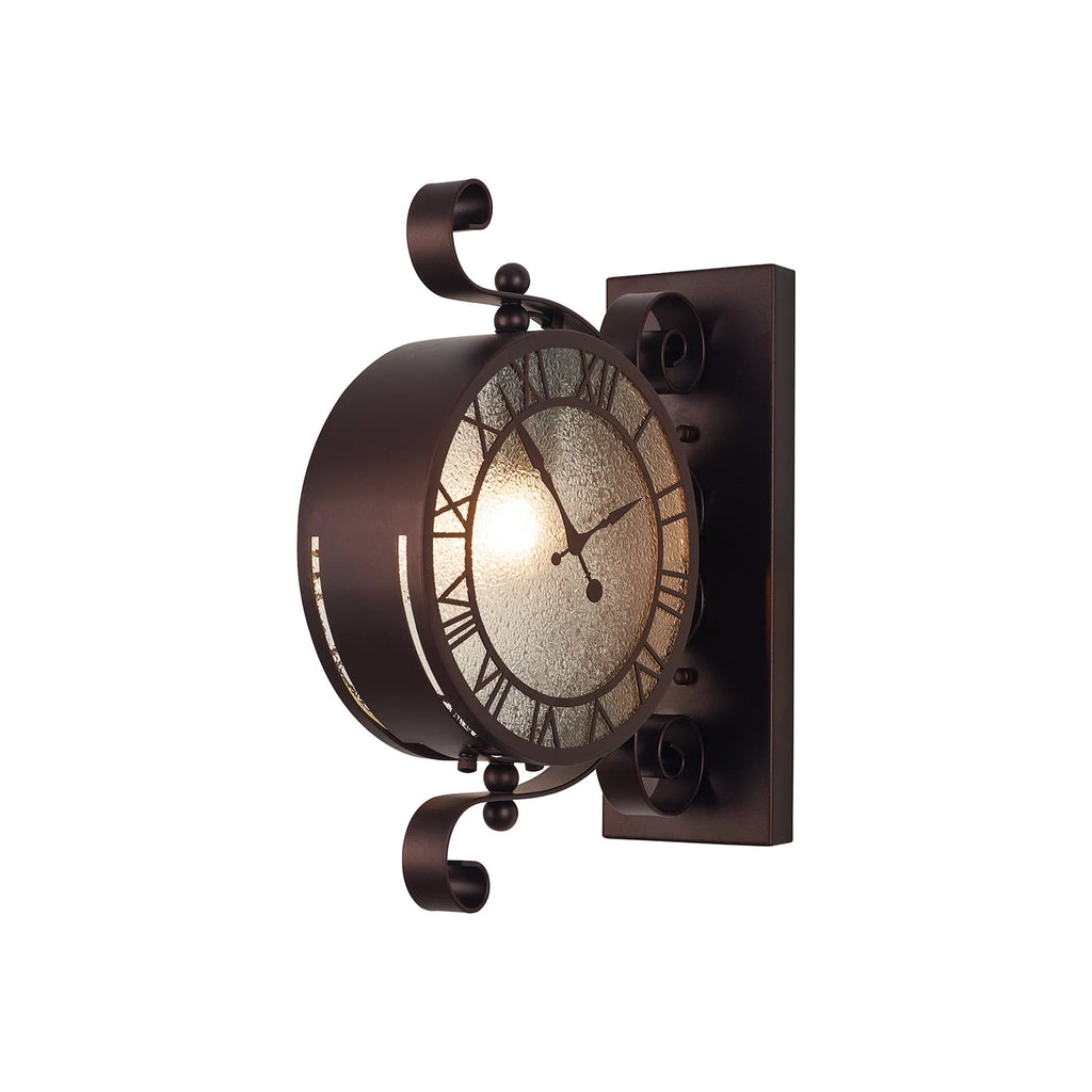 Chronos Faux Clock Wall Lamp, 1 x E27, IP54, Oil Rubbed Brass/Textured Glass