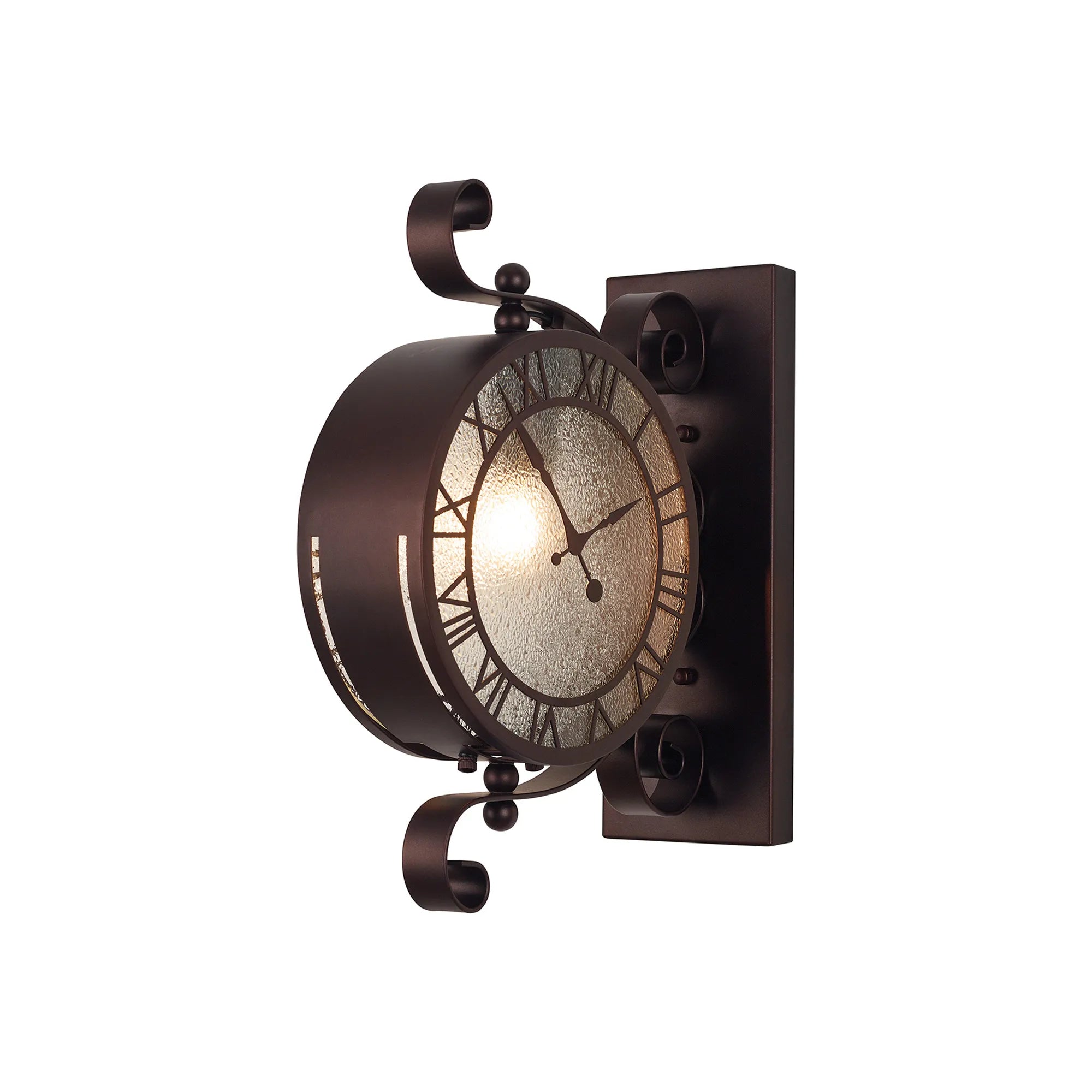 Chronos Faux Clock Wall Lamp, 1 x E27, IP54, Oil Rubbed Brass/Textured Glass