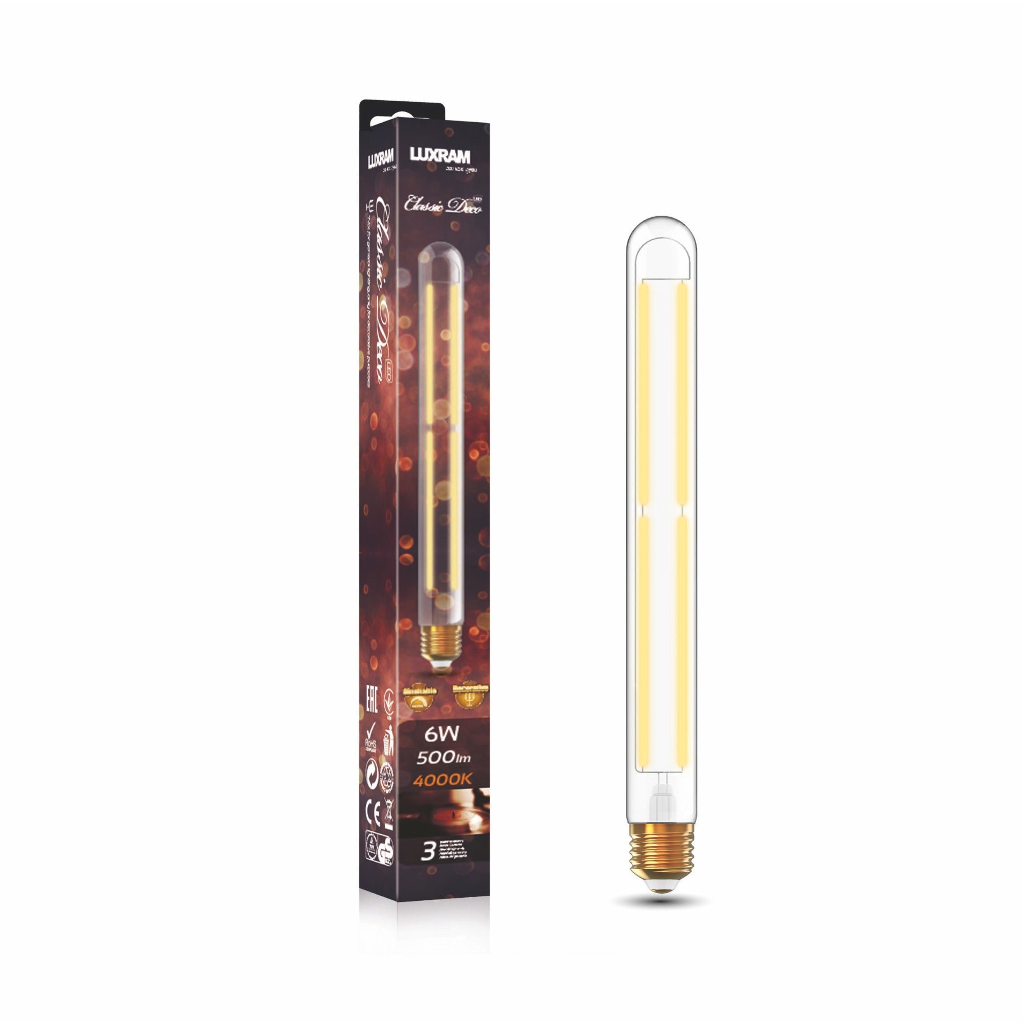 Luxram - Classic Deco LED 280mm Tubular Line Radio Type Bulb, E27 Dimmable 6W, 500lm. - Luminosity Designs Ltd