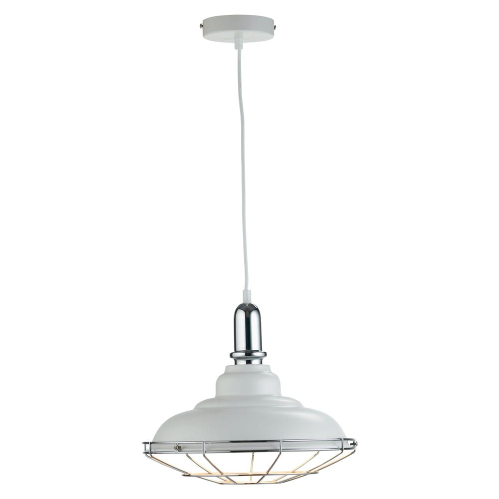 CLEARANCE - Ghent White and Chrome Industrial Loft Style Single Pendant. 1x E27 (Oaks 3055/1) - Luminosity Designs Ltd