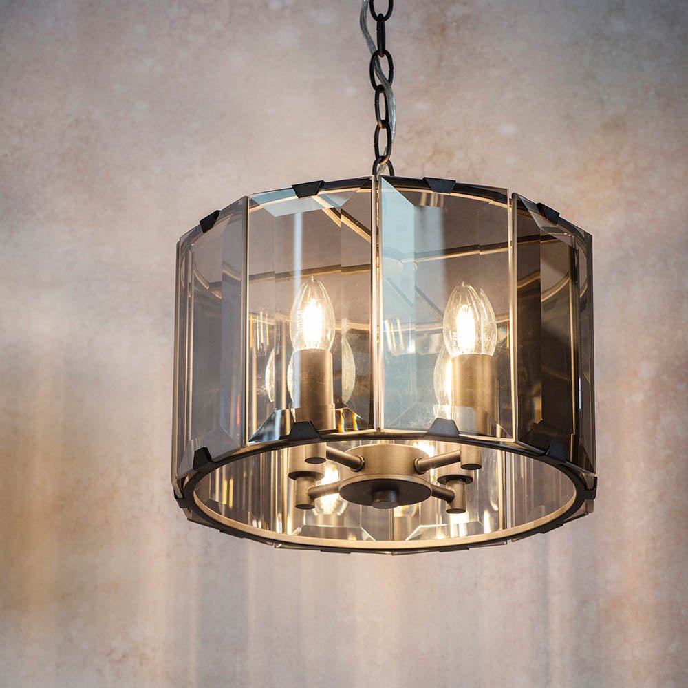 Endon - Clooney 4 Light Pendant With Slate Metal Framework and Smoked Glass Panels, 4x E14 (Endon 61281) - Luminosity Designs Ltd