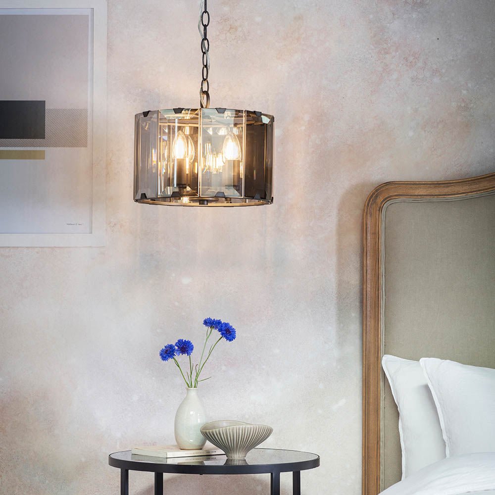 Endon - Clooney 4 Light Pendant With Slate Metal Framework and Smoked Glass Panels, 4x E14 (Endon 61281) - Luminosity Designs Ltd