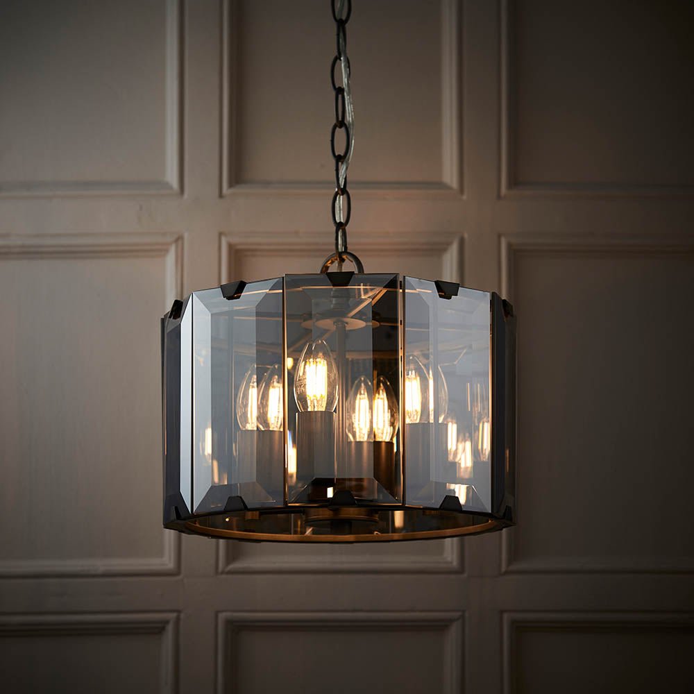 Endon - Clooney 4 Light Pendant With Slate Metal Framework and Smoked Glass Panels, 4x E14 (Endon 61281) - Luminosity Designs Ltd