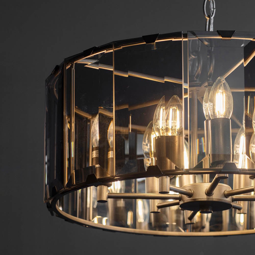Endon - Clooney 8 Light Pendant With Slate Metal Framework and Smoked Glass Panels, 8x E14 (Endon 61294) - Luminosity Designs Ltd