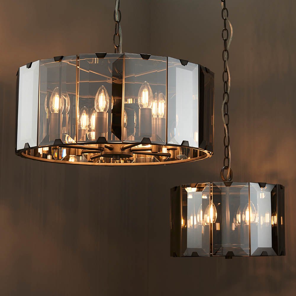 Endon - Clooney 8 Light Pendant With Slate Metal Framework and Smoked Glass Panels, 8x E14 (Endon 61294) - Luminosity Designs Ltd