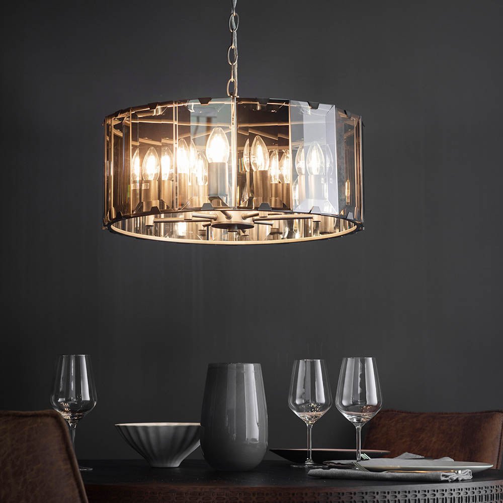 Endon - Clooney 8 Light Pendant With Slate Metal Framework and Smoked Glass Panels, 8x E14 (Endon 61294) - Luminosity Designs Ltd