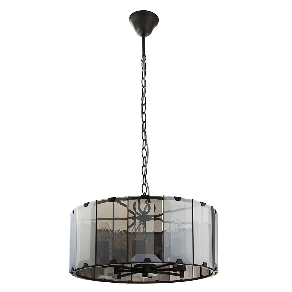 Endon - Clooney 8 Light Pendant With Slate Metal Framework and Smoked Glass Panels, 8x E14 (Endon 61294) - Luminosity Designs Ltd