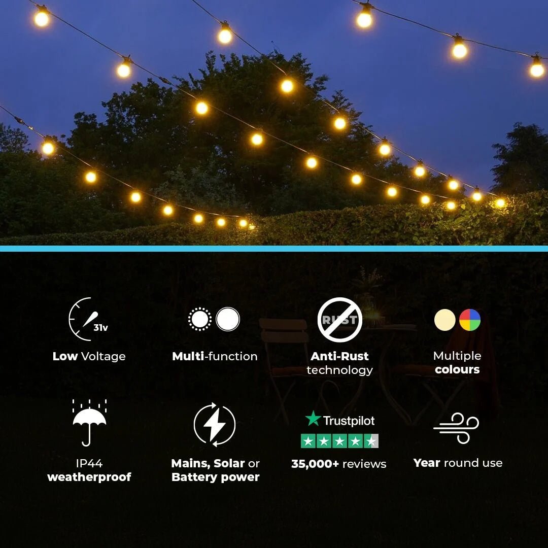 Connect Pro - Connect Go Connectable Festoon Lights with G50 Clear Filament Effect Bulbs on Black Rubber Cable - Luminosity Designs Ltd