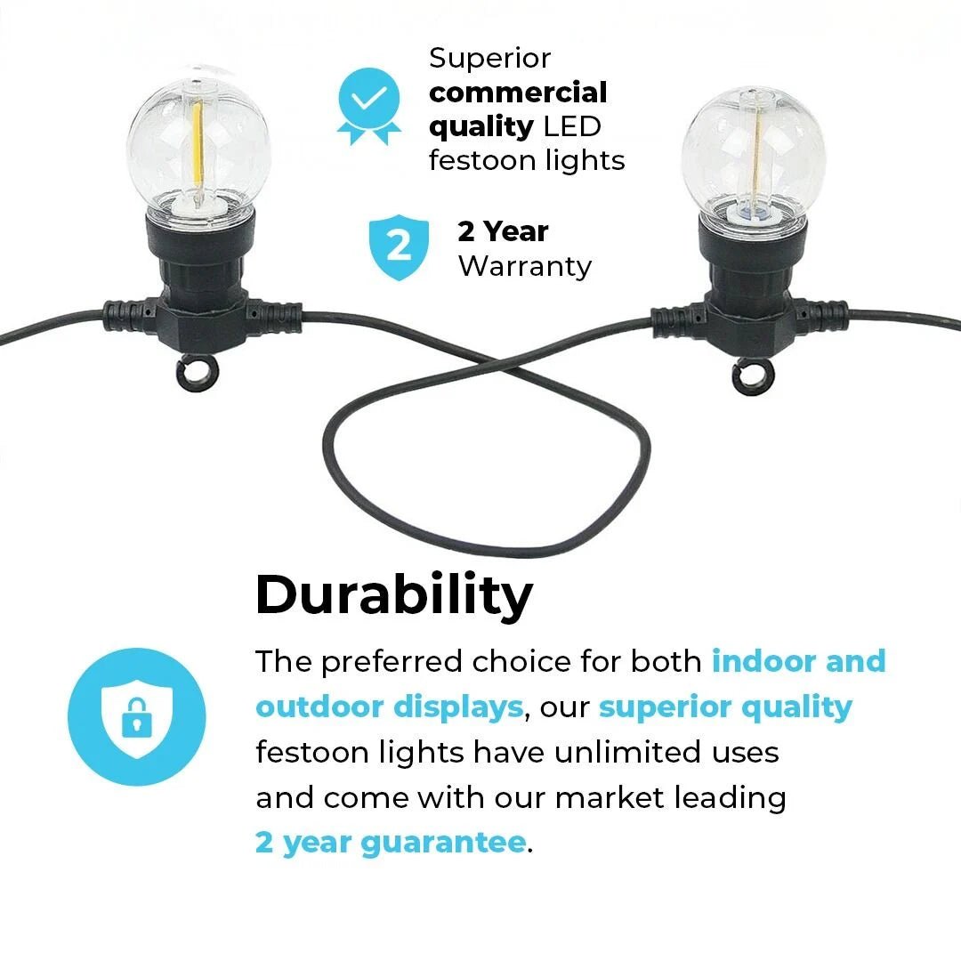 Connect Pro - Connect Go Connectable Festoon Lights with G50 Clear Filament Effect Bulbs on Black Rubber Cable - Luminosity Designs Ltd