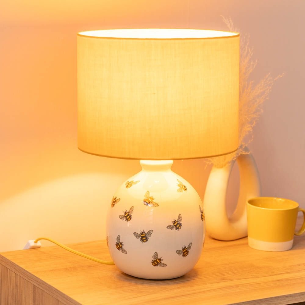 lse - Country Bee Ceramic Table Lamp With Matching Yellow Shade - Luminosity Designs Ltd