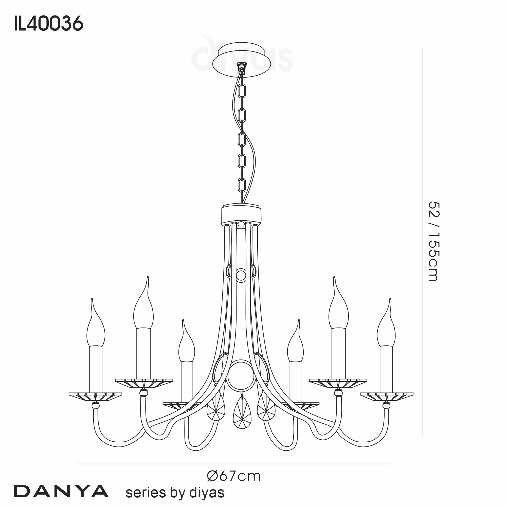 Diyas - Danya Chandelier Pendant, 6 Light E14, Polished Chrome/Crystal (Diyas IL40036) - Luminosity Designs Ltd