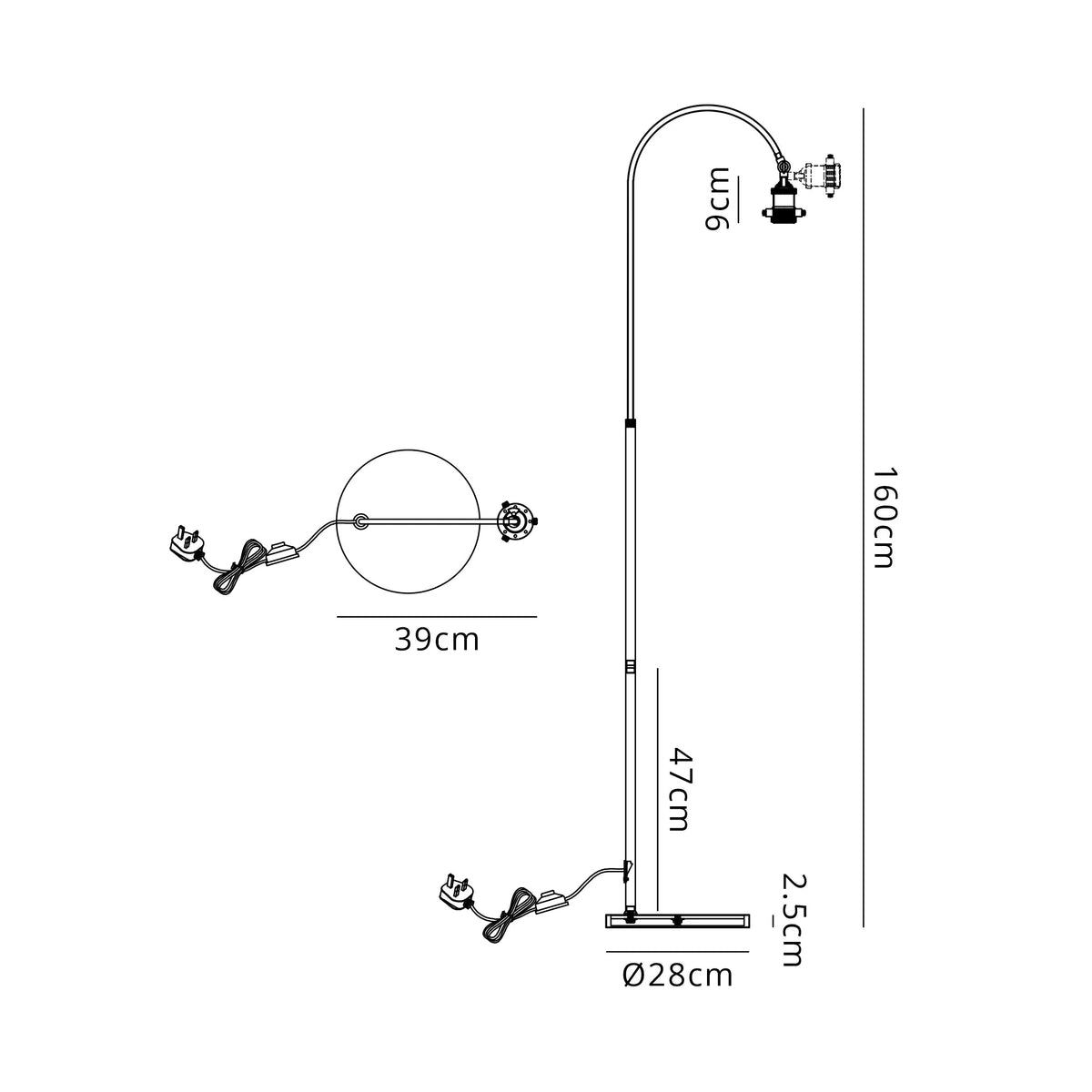 Deco - Dreifa Curved Over Arm Floor Lamp Without Shade, 1 x E27 (Not inc Shade) - Luminosity Designs Ltd