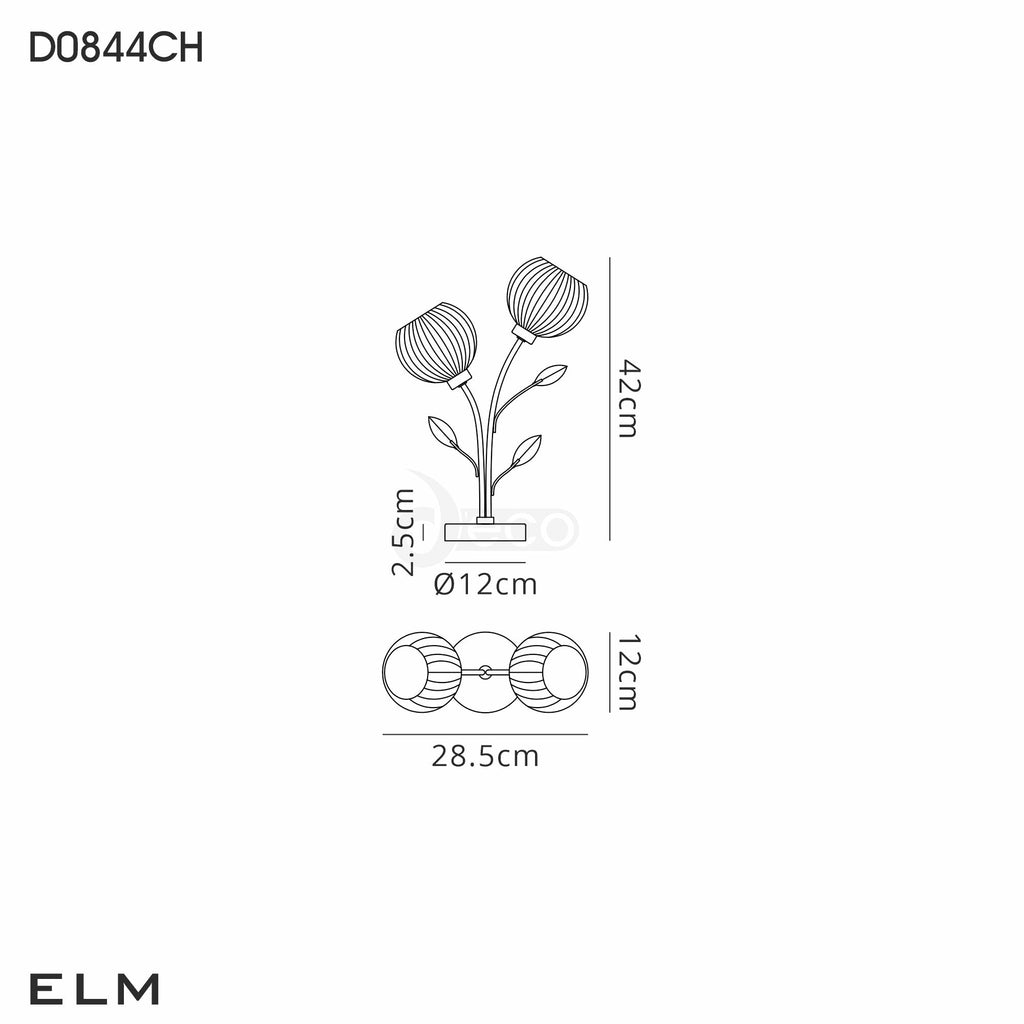 Deco - Elm 2 Light Table Lamp With Leaf Styled Stems and Ridged Style Clear Glass Shades - Luminosity Designs Ltd