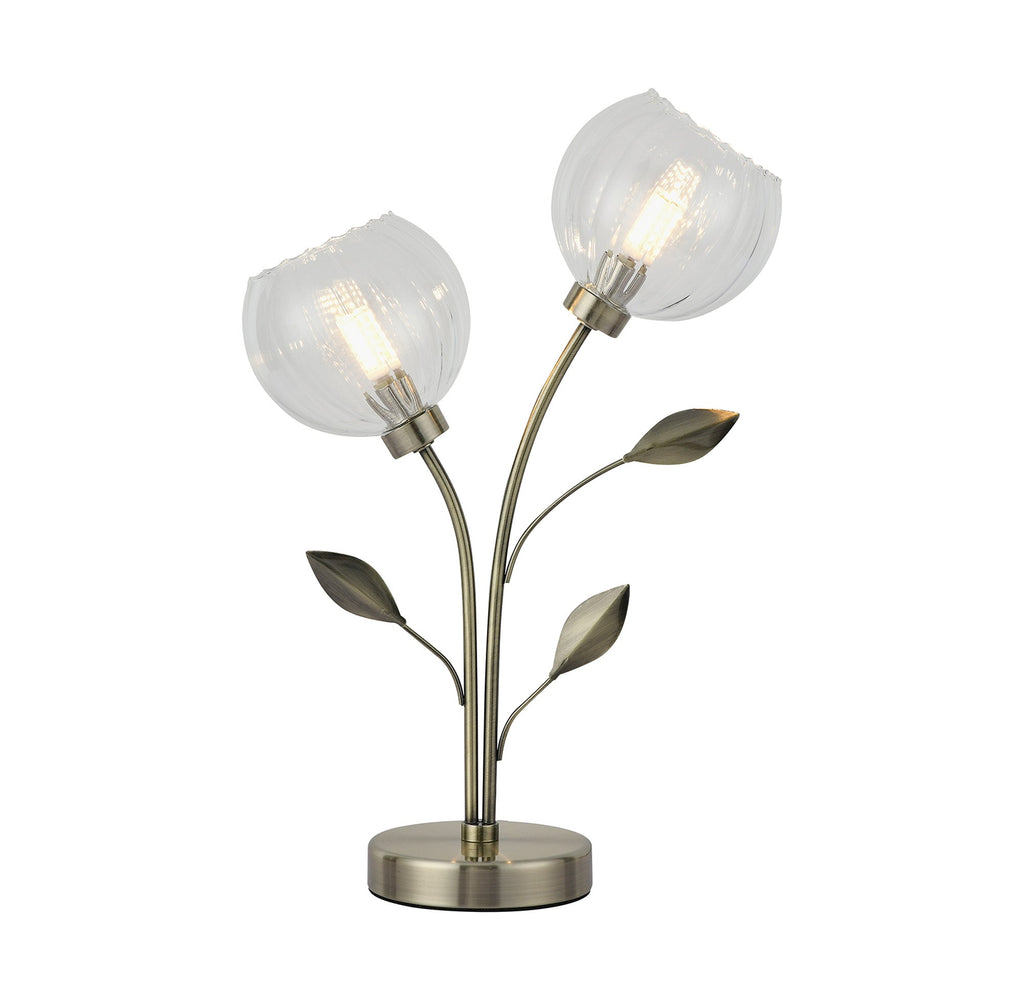 Deco - Elm 2 Light Table Lamp With Leaf Styled Stems and Ridged Style Clear Glass Shades - Luminosity Designs Ltd
