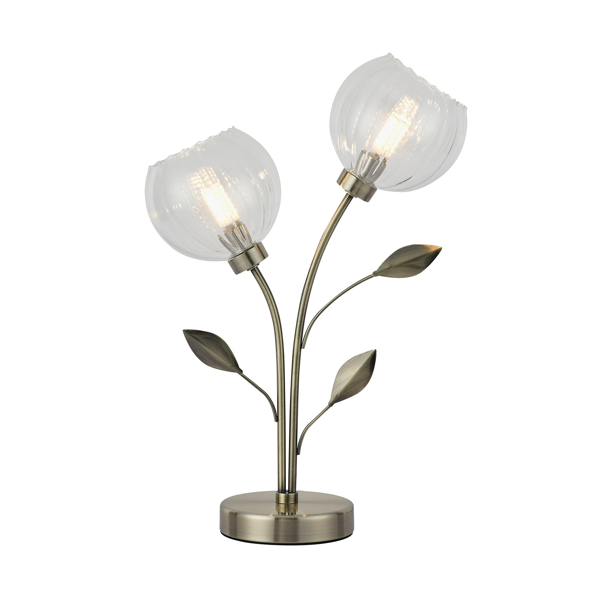 Deco - Elm 2 Light Table Lamp With Leaf Styled Stems and Ridged Style Clear Glass Shades - Luminosity Designs Ltd