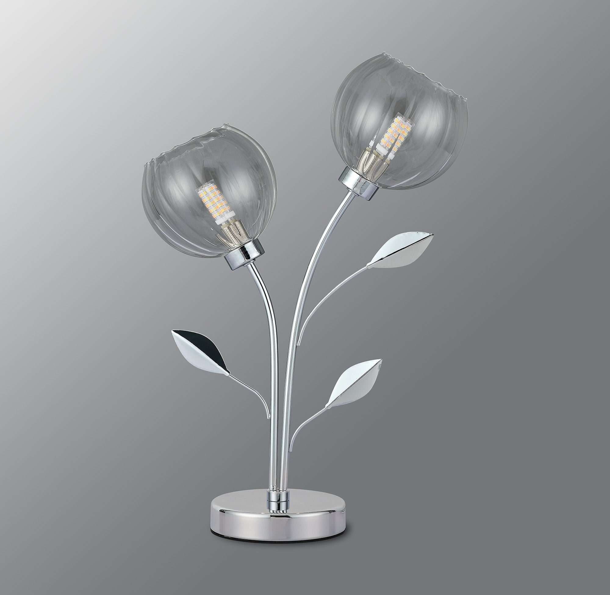 Deco - Elm 2 Light Table Lamp With Leaf Styled Stems and Ridged Style Clear Glass Shades - Luminosity Designs Ltd