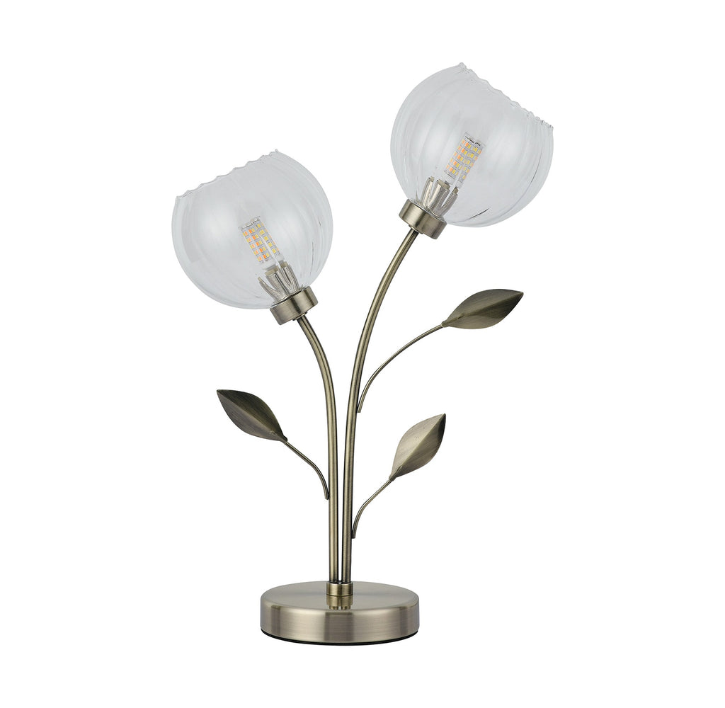 Deco - Elm 2 Light Table Lamp With Leaf Styled Stems and Ridged Style Clear Glass Shades - Luminosity Designs Ltd
