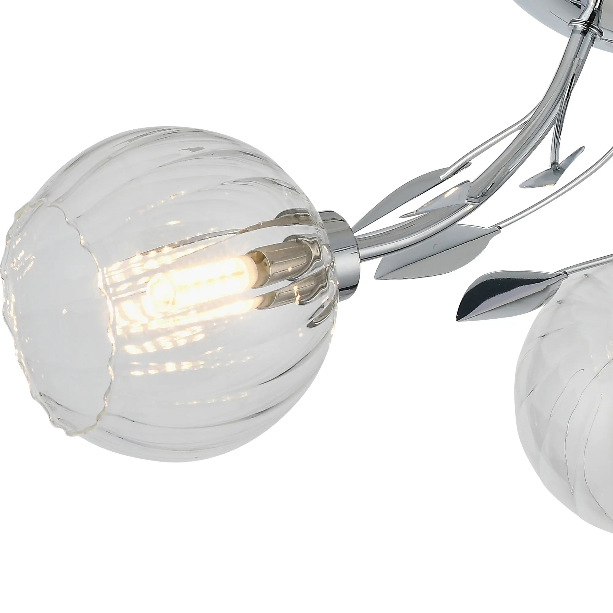 Deco - Elm 3 Light Semi Flush With Leaf Styled Stems and Ridged Style Clear Glass Shades - Luminosity Designs Ltd