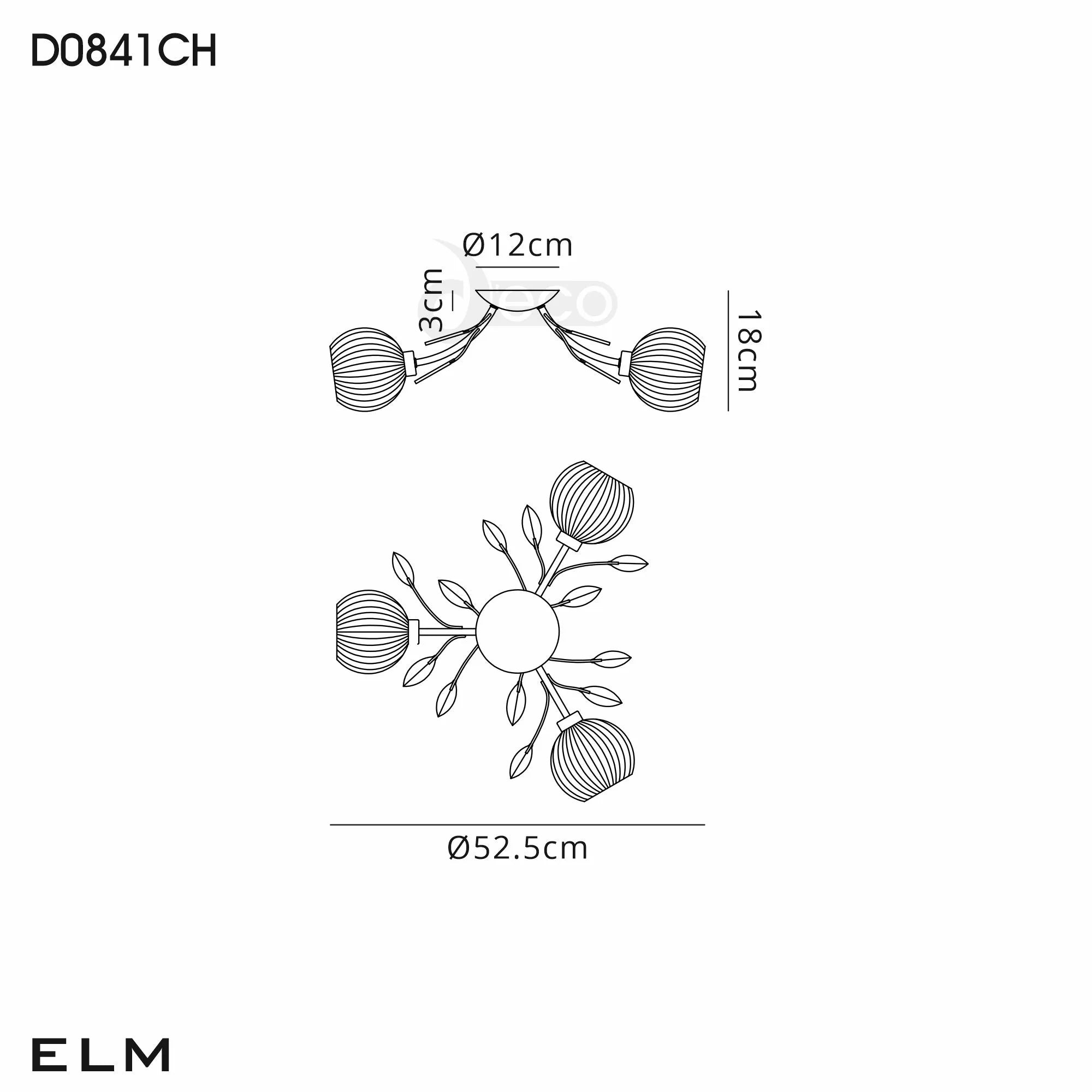 Deco - Elm 3 Light Semi Flush With Leaf Styled Stems and Ridged Style Clear Glass Shades - Luminosity Designs Ltd