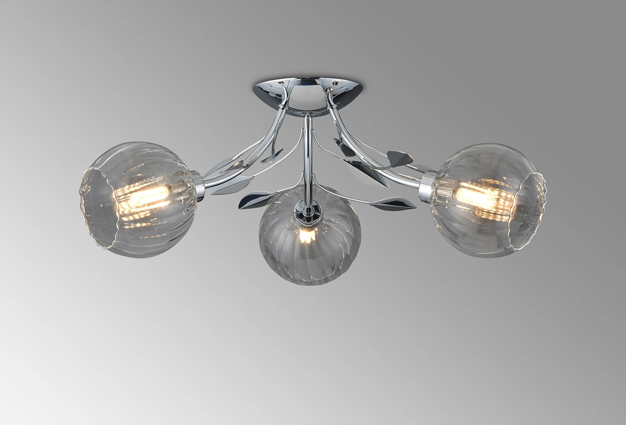 Deco - Elm 3 Light Semi Flush With Leaf Styled Stems and Ridged Style Clear Glass Shades - Luminosity Designs Ltd