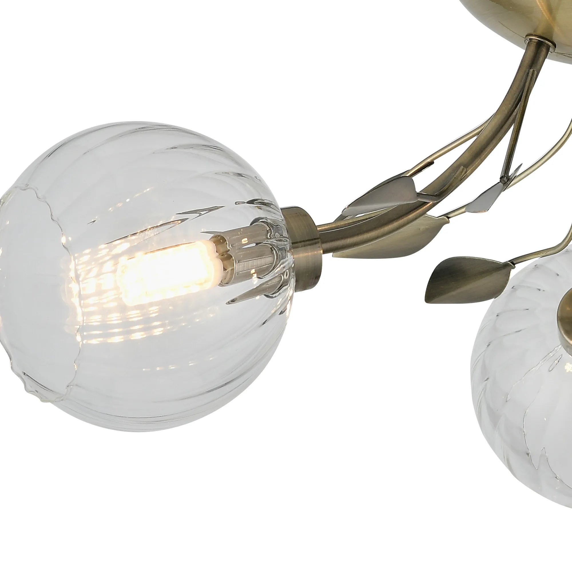 Deco - Elm 3 Light Semi Flush With Leaf Styled Stems and Ridged Style Clear Glass Shades - Luminosity Designs Ltd