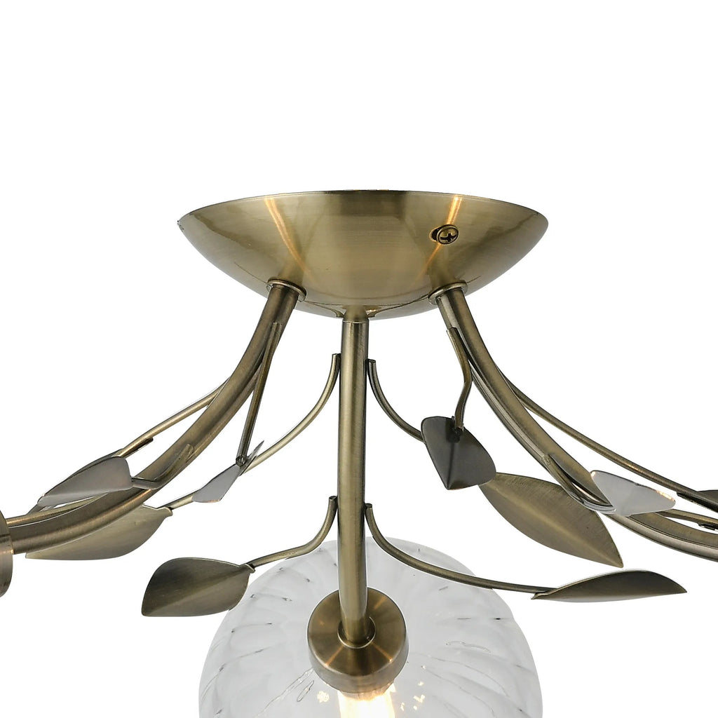Deco - Elm 3 Light Semi Flush With Leaf Styled Stems and Ridged Style Clear Glass Shades - Luminosity Designs Ltd