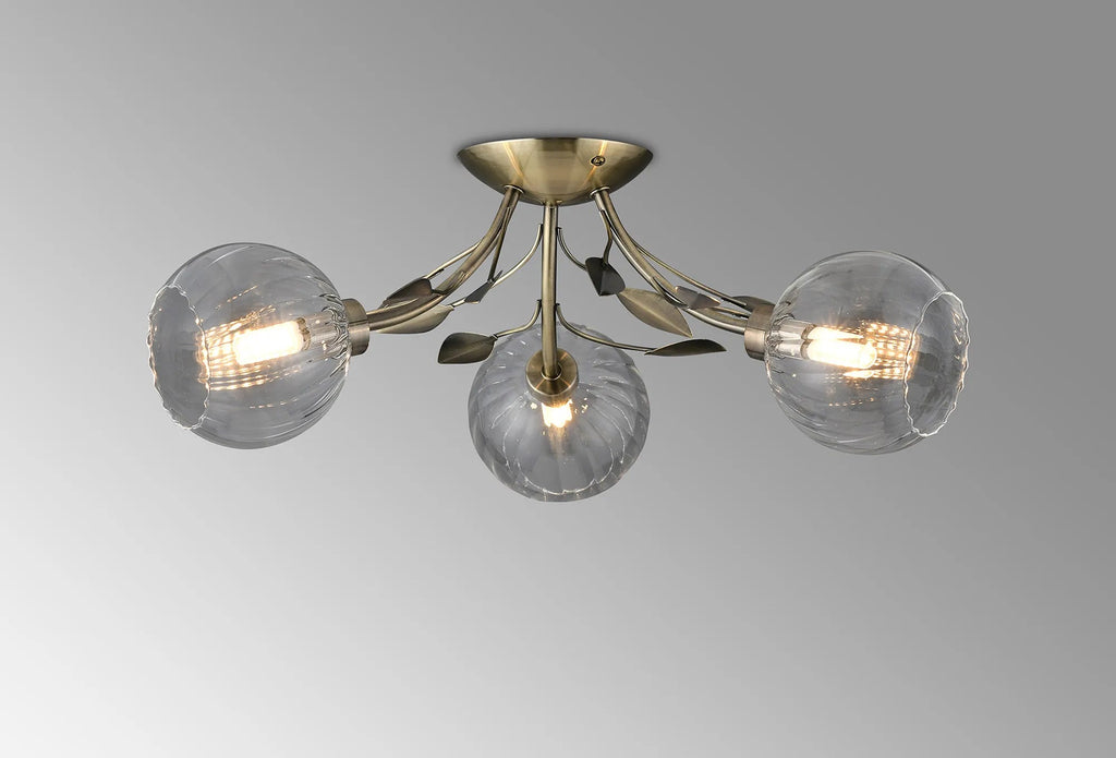 Deco - Elm 3 Light Semi Flush With Leaf Styled Stems and Ridged Style Clear Glass Shades - Luminosity Designs Ltd