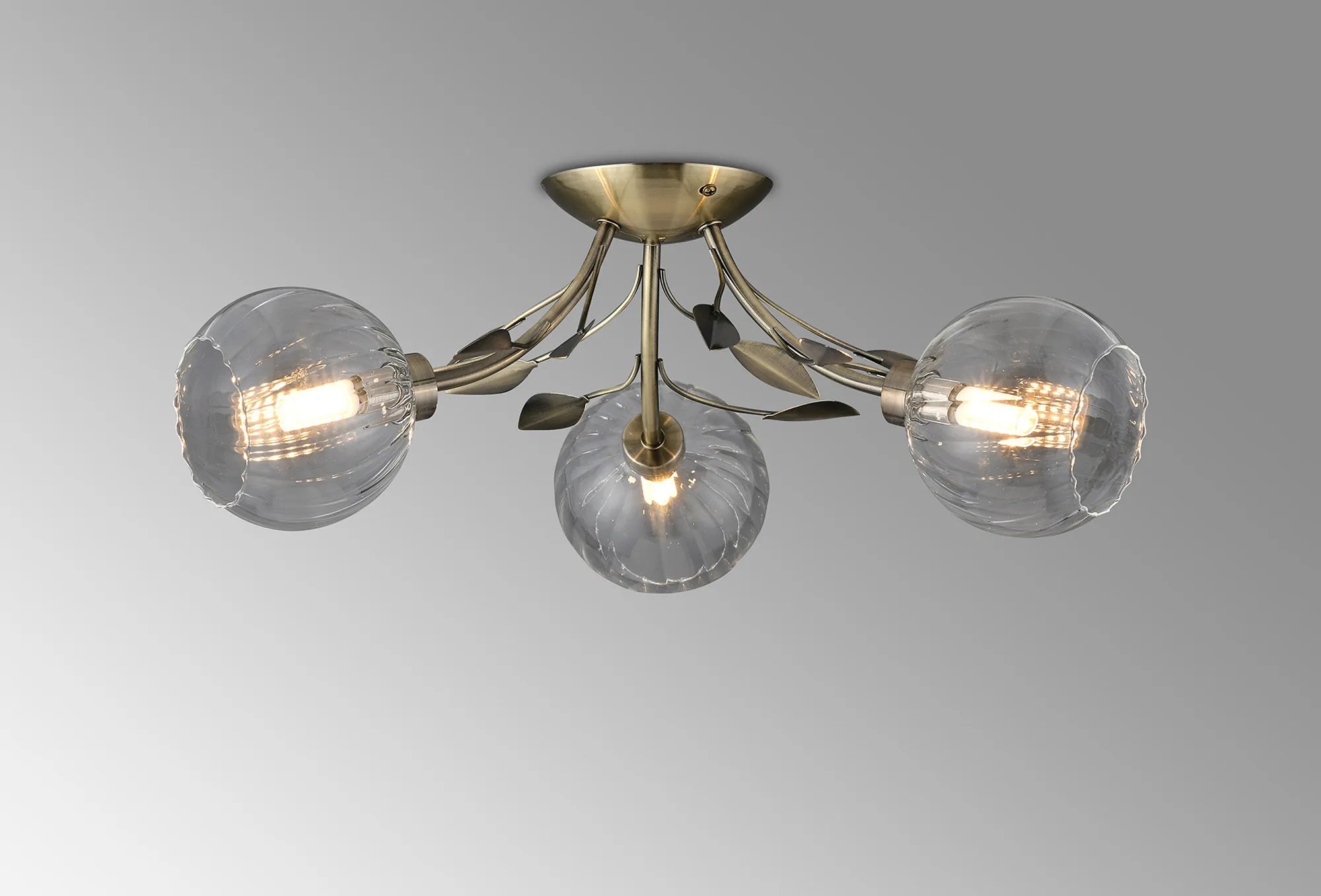 Deco - Elm 3 Light Semi Flush With Leaf Styled Stems and Ridged Style Clear Glass Shades - Luminosity Designs Ltd