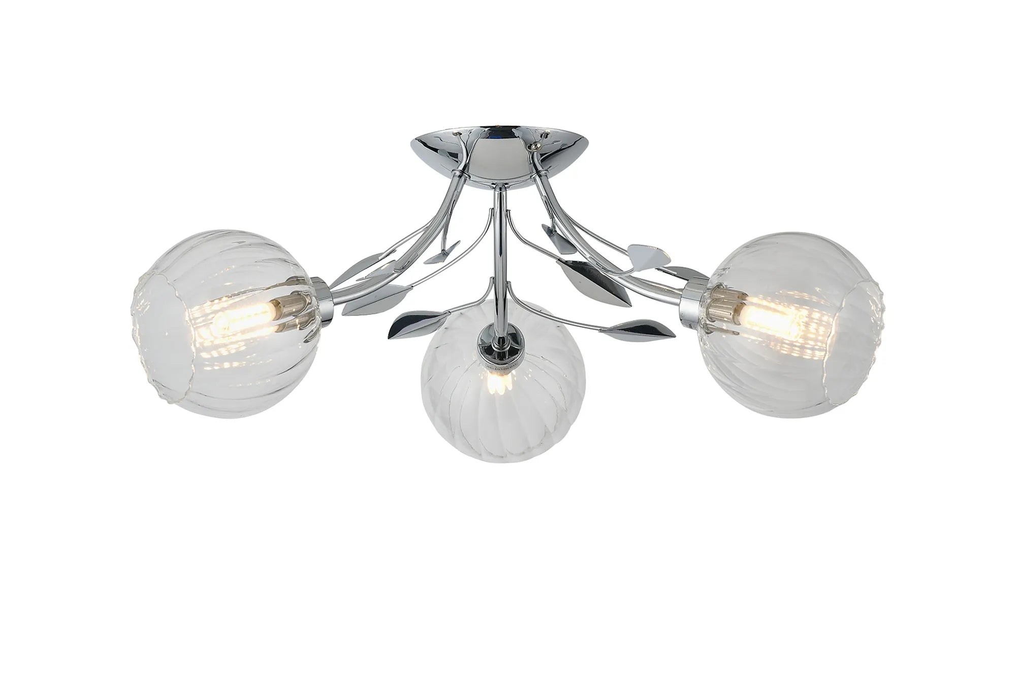 Deco - Elm 3 Light Semi Flush With Leaf Styled Stems and Ridged Style Clear Glass Shades - Luminosity Designs Ltd