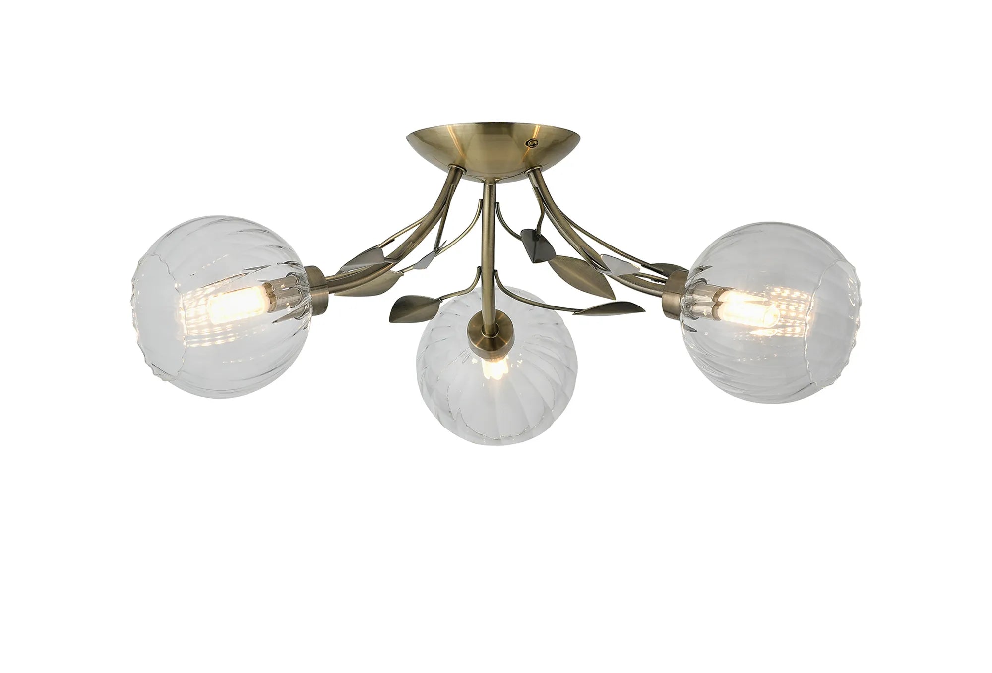 Deco - Elm 3 Light Semi Flush With Leaf Styled Stems and Ridged Style Clear Glass Shades - Luminosity Designs Ltd