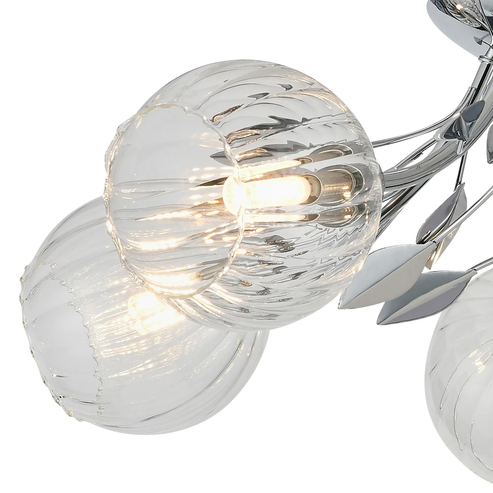 Deco - Elm 5 Light Semi Flush With Leaf Styled Stems and Ridged Style Clear Glass Shades - Luminosity Designs Ltd